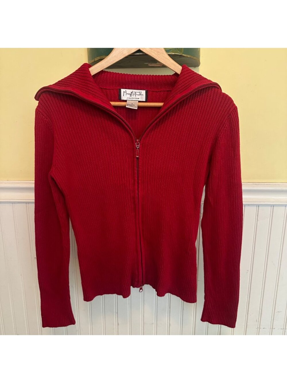 Mary McFadden Collection Red Ribbed Full Zip Sweater With Fold-Over Collar